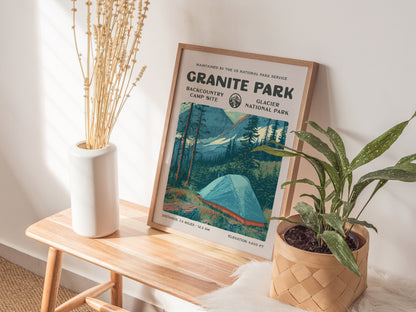 Granite Park, Glacier National Park Poster | Hiker Gift | Backcountry Trail Wall Art — styled in a modern interior