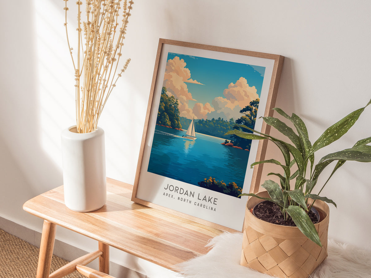 Jordan Lake Matte Border Poster | Apex, North Carolina Destination Print — styled in a modern interior
