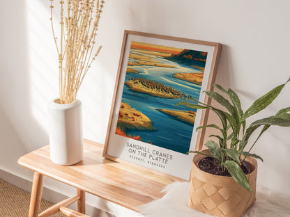 Sandhill Cranes on the Platte Matte Border Poster | Kearney, Nebraska Destination Print — styled in a modern interior