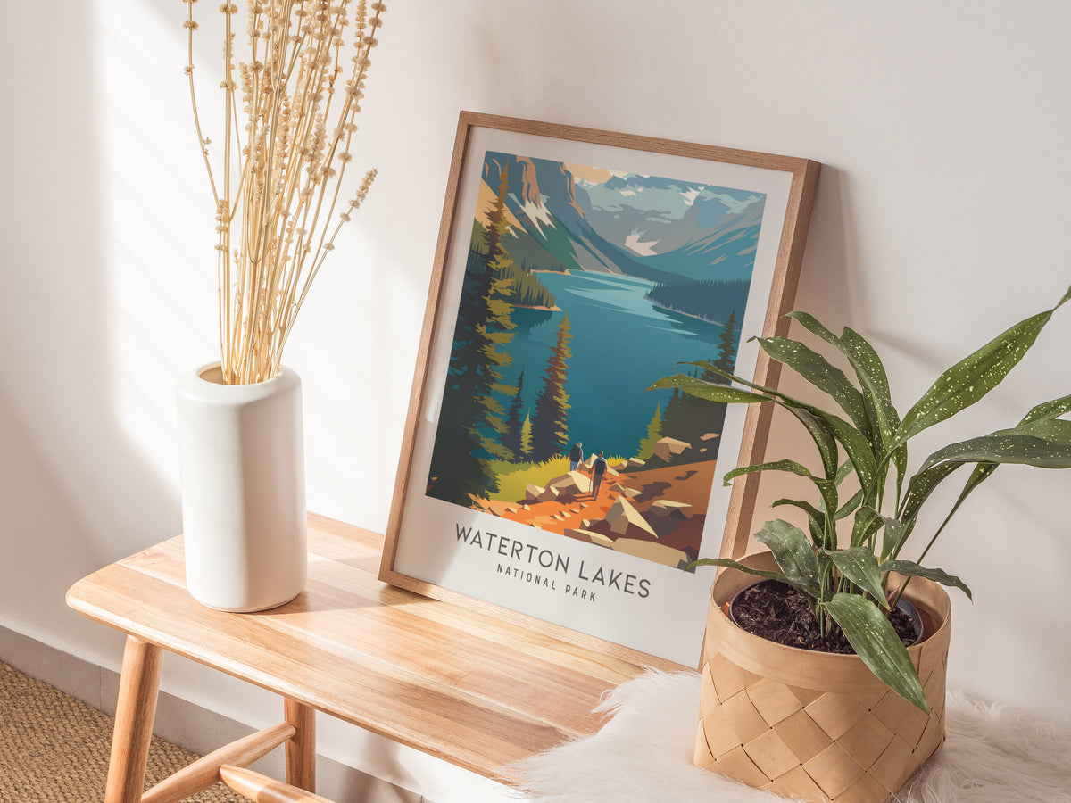 Waterton Lakes Matte Border Poster | National Park Travel Wall Art — styled in a modern interior