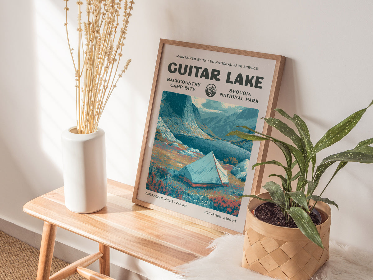 Guitar Lake, Sequoia National Park Poster | Hiker Gift | Backcountry Trail Wall Art — styled in a modern interior