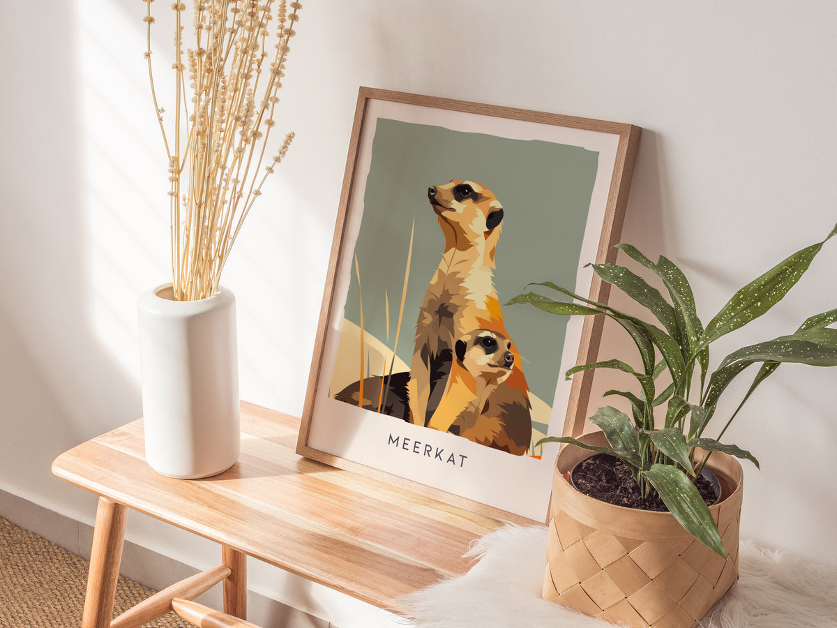 Meerkat, Suricata suricatta Poster | Bold Safari Wildlife Wall Art — styled in a modern interior