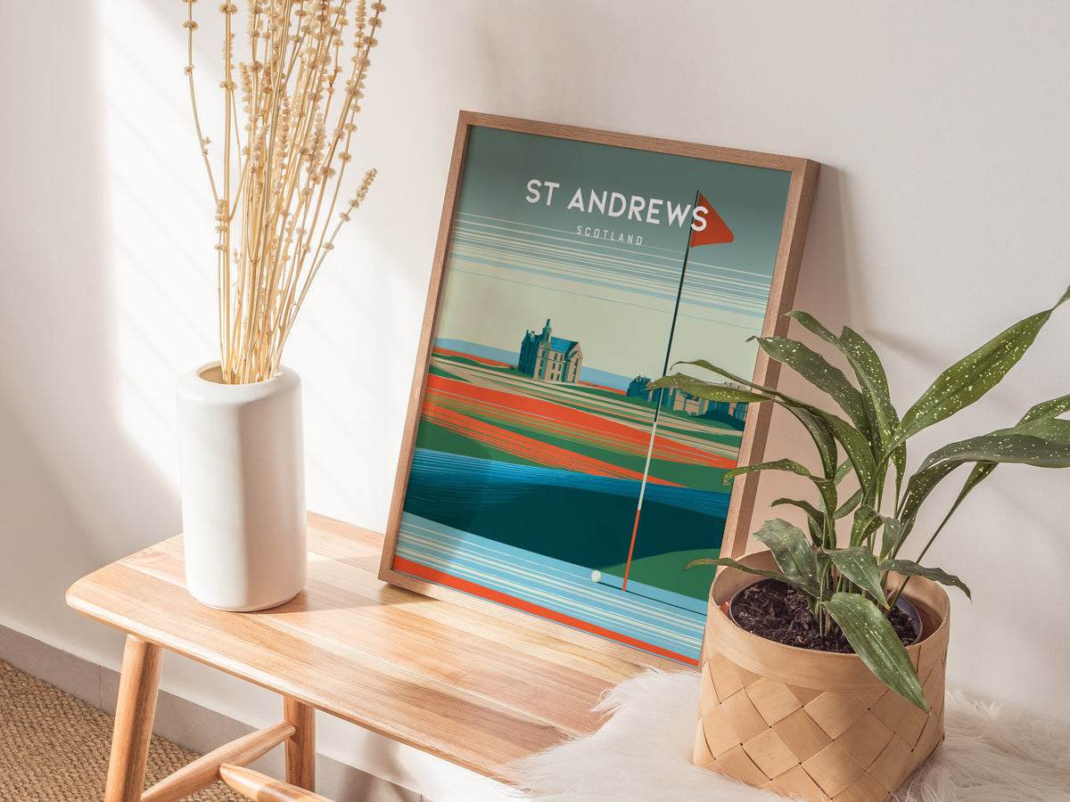 St Andrews Old Course, Scotland Poster | Links Poster Golfer Gift Wall Art — styled in a modern interior
