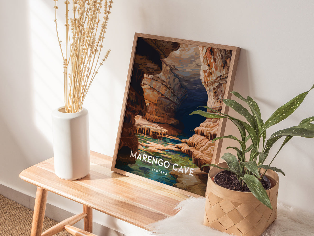 Marengo Cave, Indiana Poster | Underground Adventure Destination Print Wall Art — styled in a modern interior