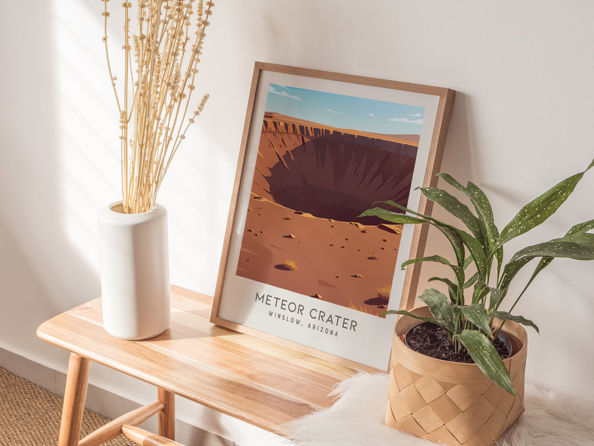 Meteor Crater Matte Border Poster | Winslow, Arizona Destination Print — styled in a modern interior