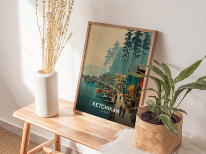 Framed travel print showcasing Ketchikan, Alaska's colorful waterfront, boats, and vibrant buildings amidst serene nature.