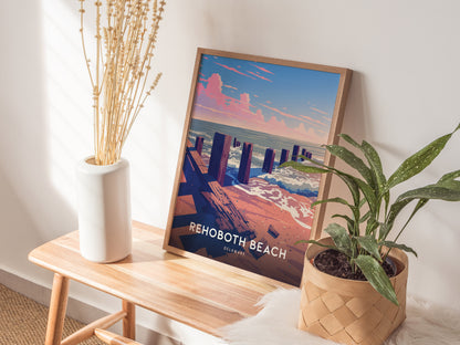 A framed Rehoboth Beach poster leans against a wall on a wooden bench, alongside a white vase with dried plants and a potted green plant. Sunlight casts soft shadows.