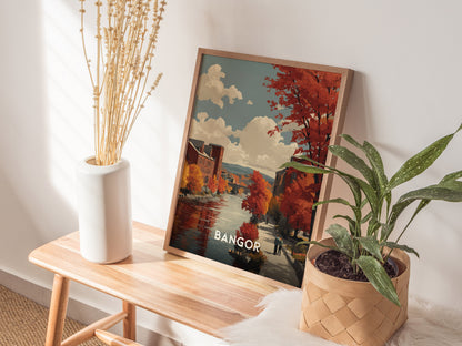 Framed Bangor, Maine autumn river scene travel print showcasing vibrant fall foliage, serene water, and vintage illustration style.