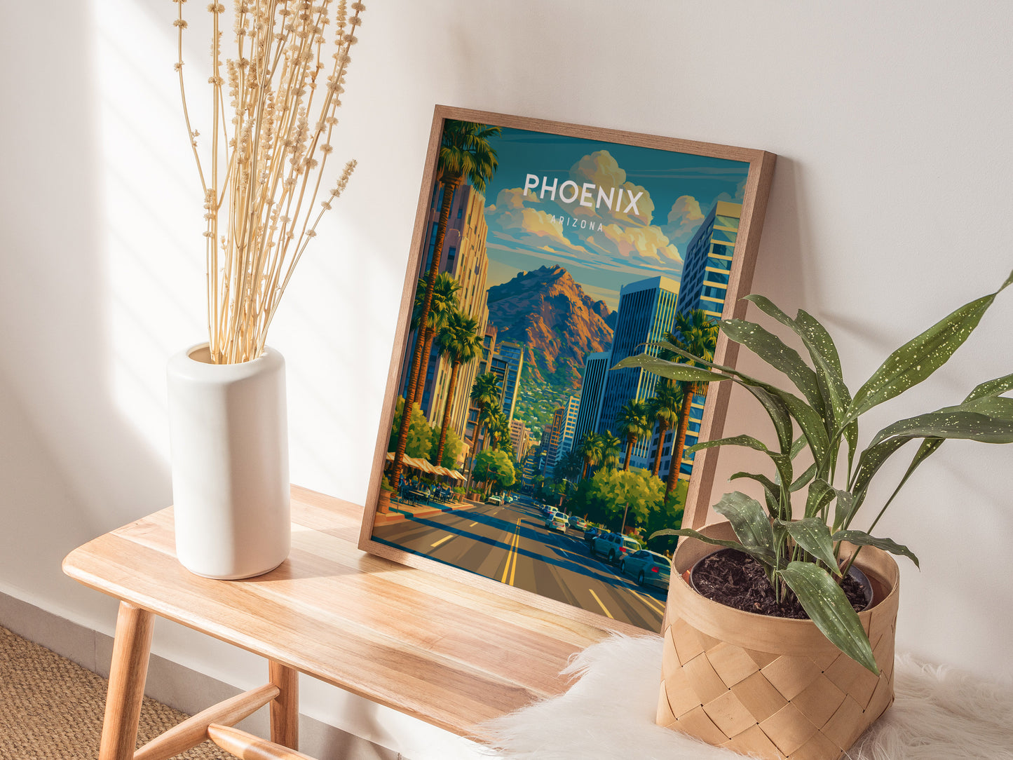 Phoenix, Arizona Poster | Desert Skyline & Saguaro Sunset Wall Art — styled in a modern interior