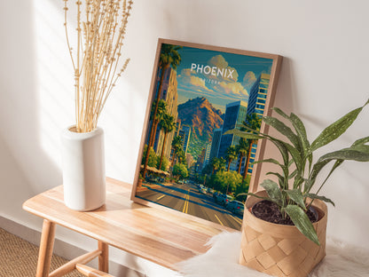 Phoenix, Arizona Poster | Desert Skyline & Saguaro Sunset Wall Art — styled in a modern interior