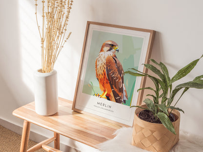 Merlin Bird Poster | Compact Falcon in Flight Wall Art — styled in a modern interior