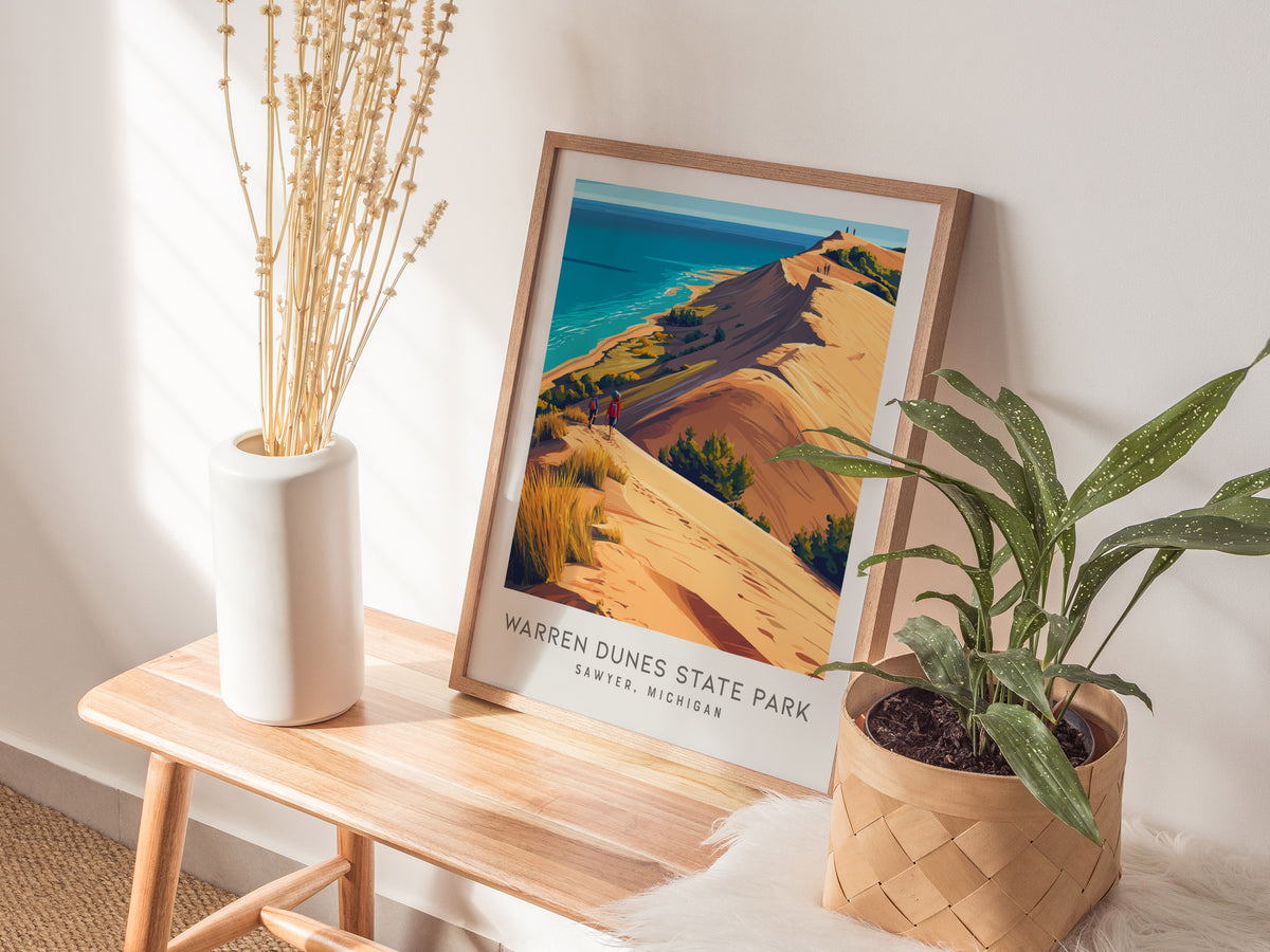 Warren Dunes State Park Matte Border Poster | Sawyer, Michigan Destination Print — styled in a modern interior