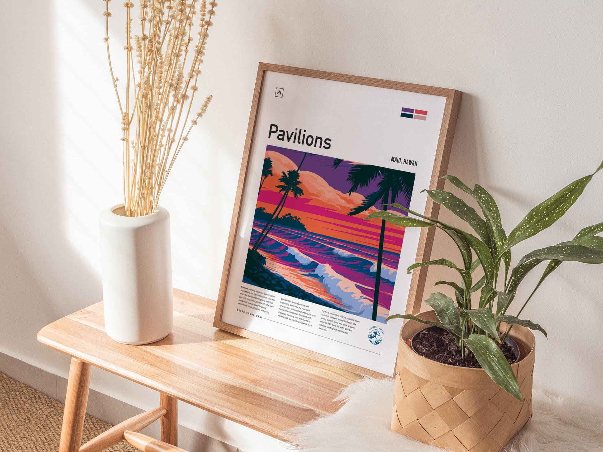 Pavilions, Hawaii Poster | Golden Surf Break Paradise Wall Art — styled in a modern interior