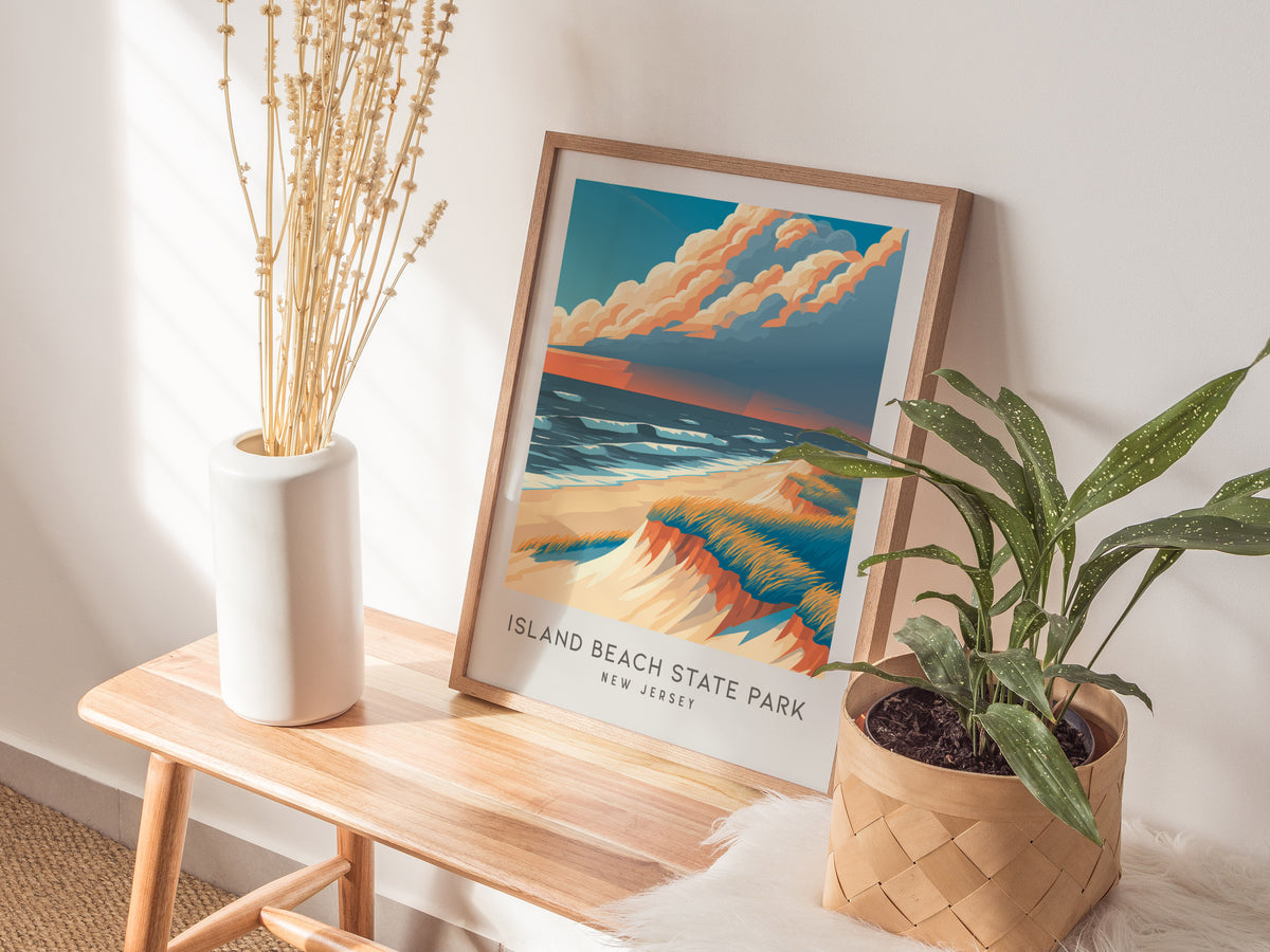 Island Beach State Park Matte Border Poster | New Jersey Beach House Decor Travel Wall Art — styled in a modern interior