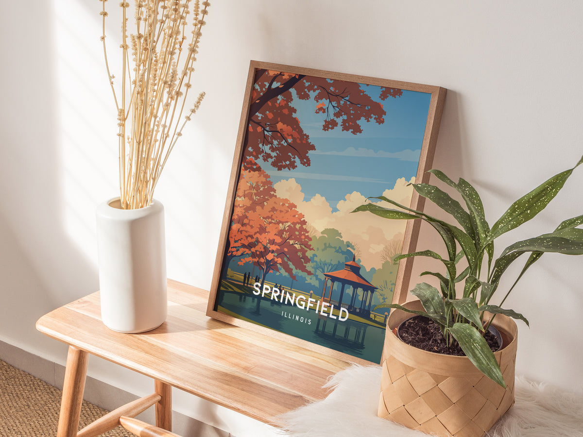 Springfield, Illinois Poster | Capitol Charm & Prairie Skyline Wall Art — styled in a modern interior