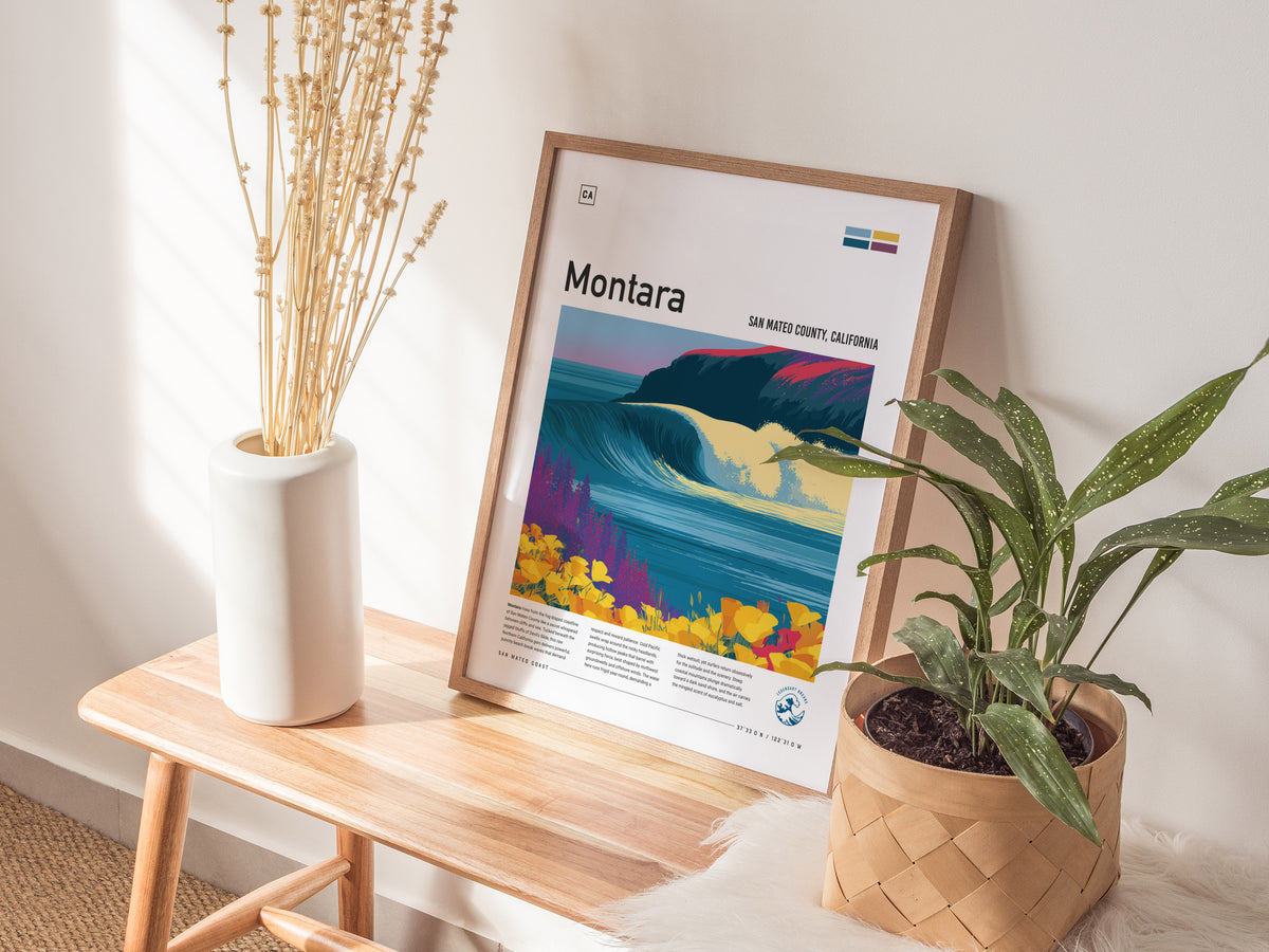 Montara, San Mateo County, California Poster | Misty Cliffs & Surf Break Coastal Poster — styled in a modern interior