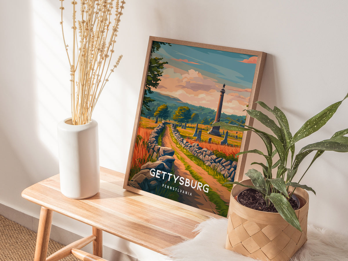 Gettysburg, Pennsylvania Poster | Historic Battlefield & Monument Travel Gift Wall Art — styled in a modern interior