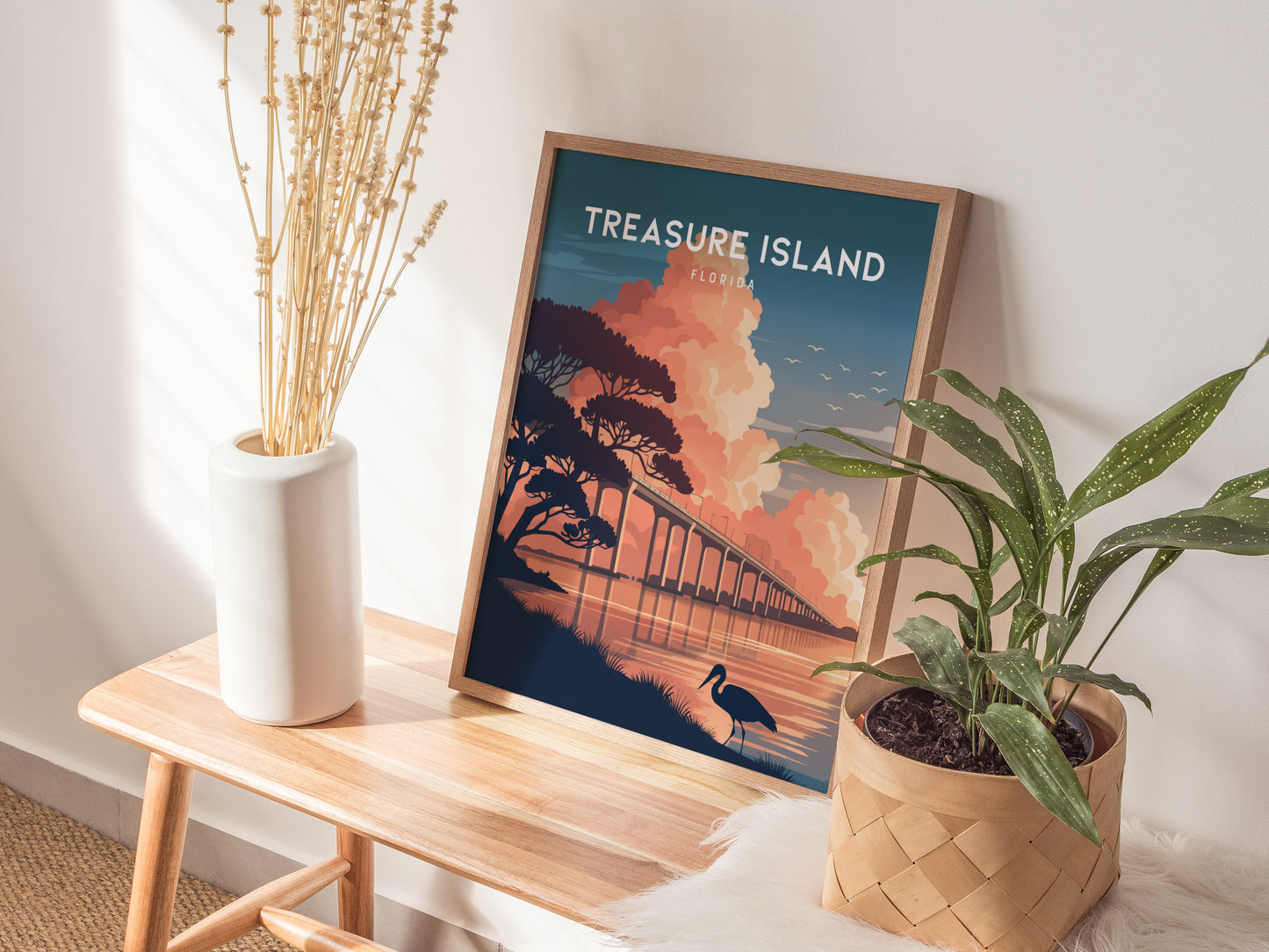 Treasure Island, Florida Poster | Sunset Beach & Lifeguard Tower Wall Art — styled in a modern interior