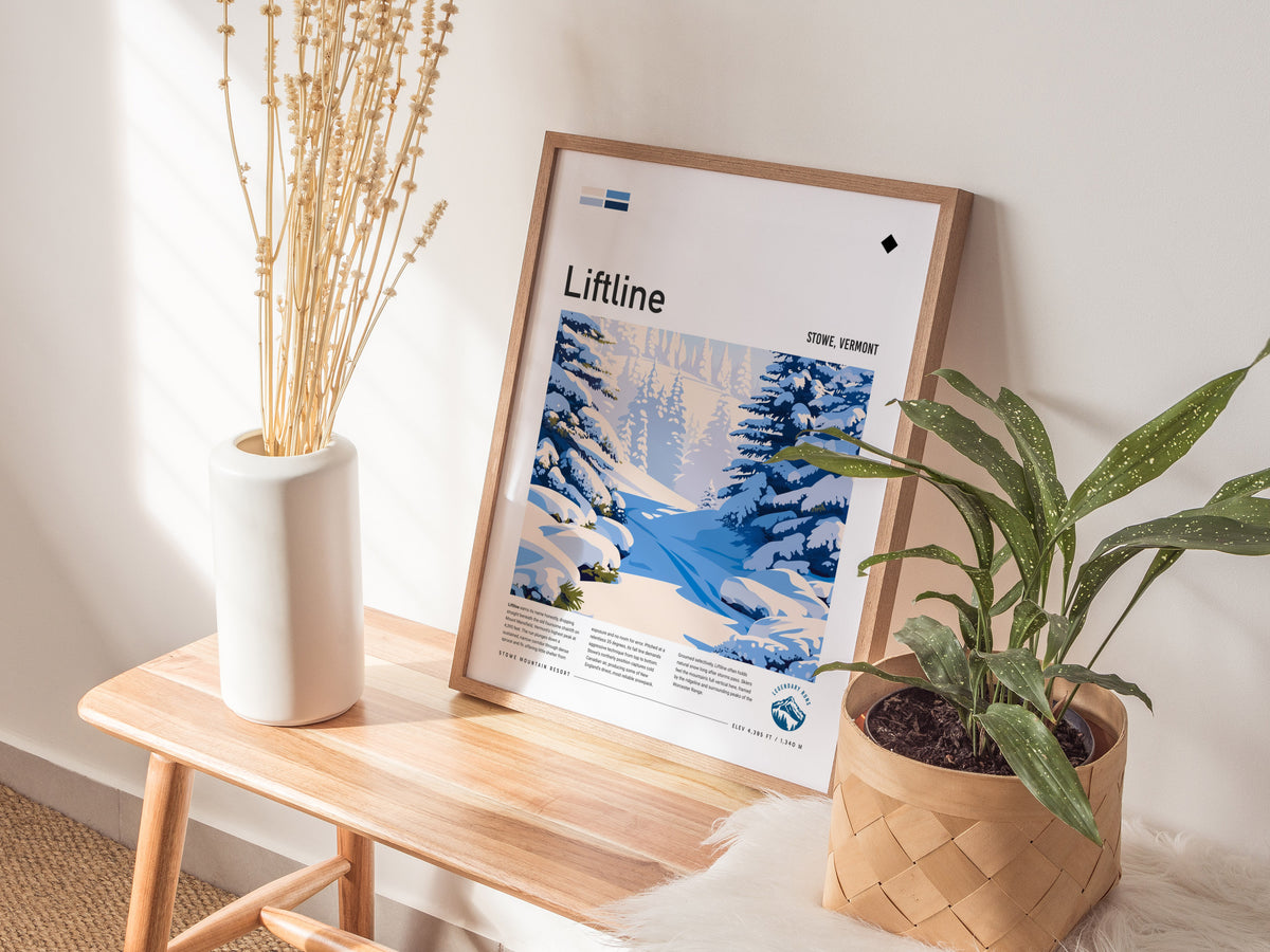 Liftline, Stowe, Vermont Poster | Alpine Print Ski Lodge Decor Wall Art — styled in a modern interior
