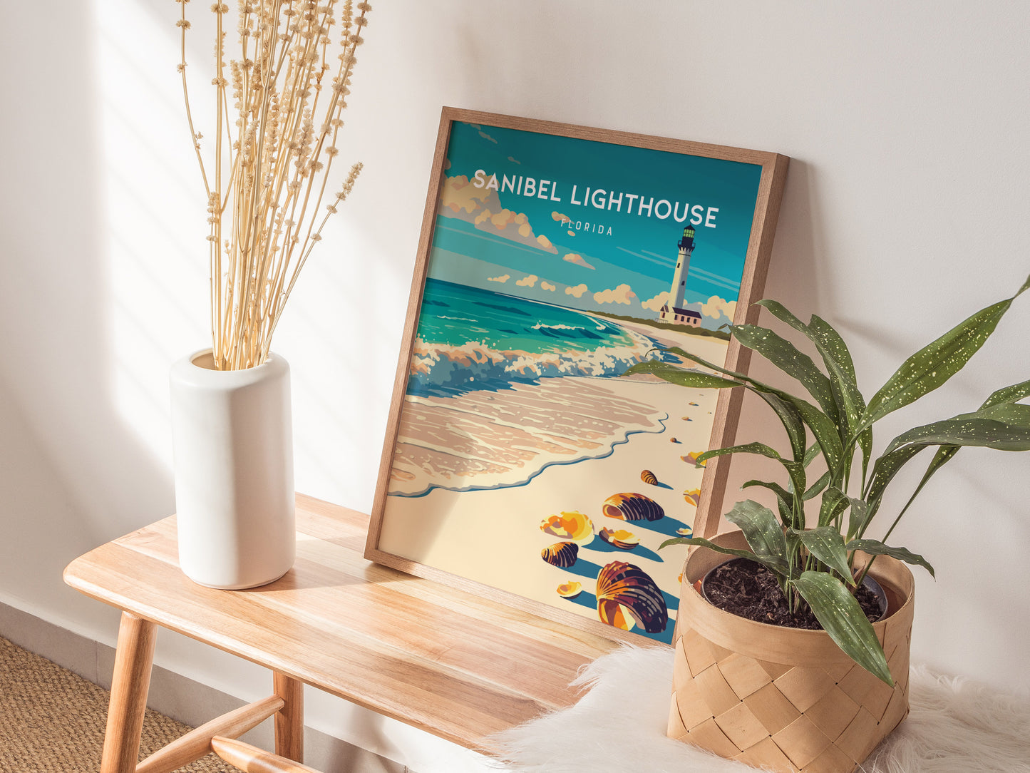 Sanibel Lighthouse, Florida Poster | Gulf Coast Beacon Coastal Decor Wall Art — styled in a modern interior