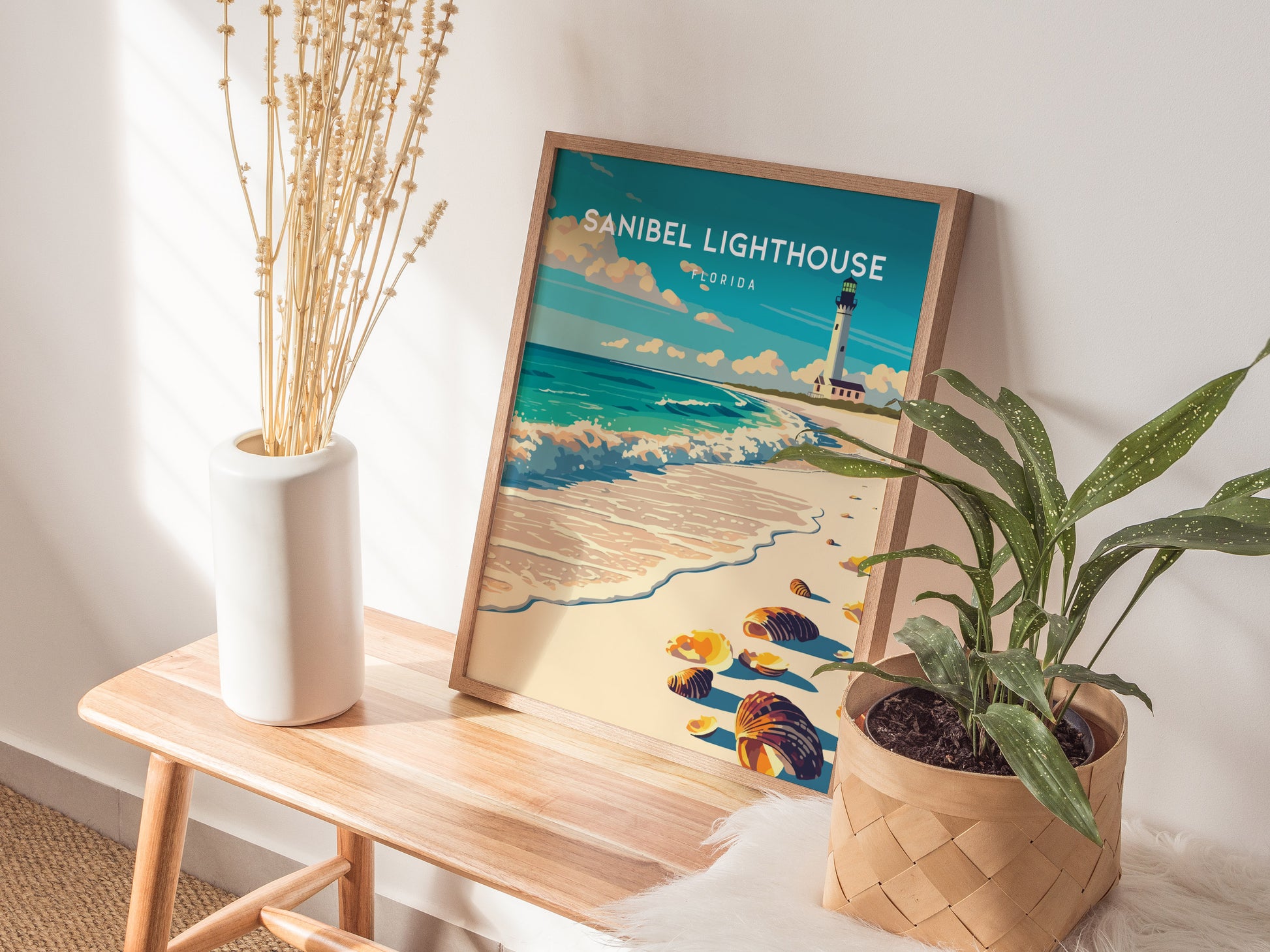 Sanibel Lighthouse, Florida Poster | Gulf Coast Beacon Coastal Decor Wall Art — styled in a modern interior