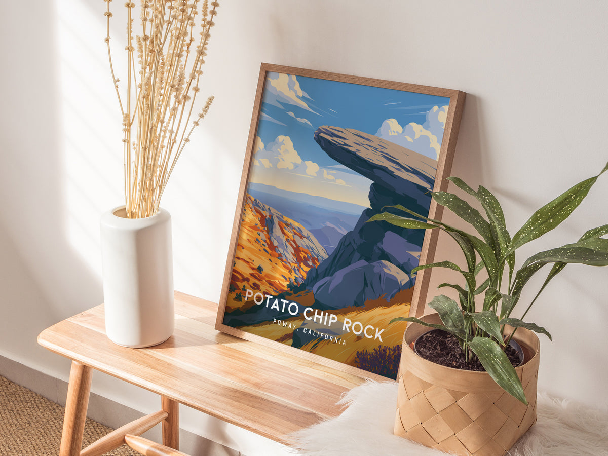Potato Chip Rock, California Poster | Iconic Balanced Boulder Trail Wall Art — styled in a modern interior