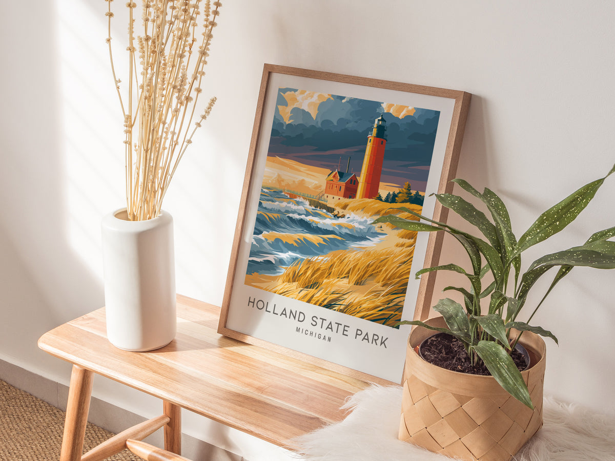 Holland State Park Matte Border Poster | Michigan Travel Wall Art — styled in a modern interior