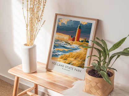 Holland State Park Matte Border Poster | Michigan Travel Wall Art — styled in a modern interior