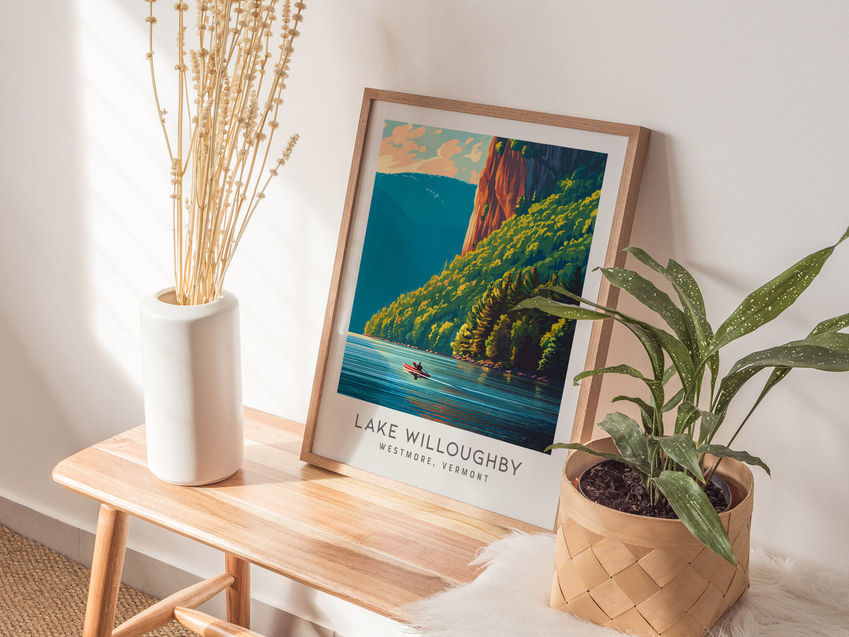 Lake Willoughby Matte Border Poster | Westmore, Vermont Destination Print — styled in a modern interior
