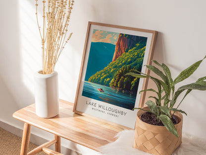 Lake Willoughby Matte Border Poster | Westmore, Vermont Destination Print — styled in a modern interior