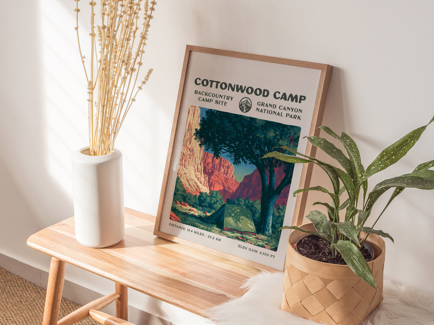 Cottonwood Camp, Grand Canyon National Park Poster | Camper Gift | Backcountry Canyon Trail Wall Art — styled in a modern int