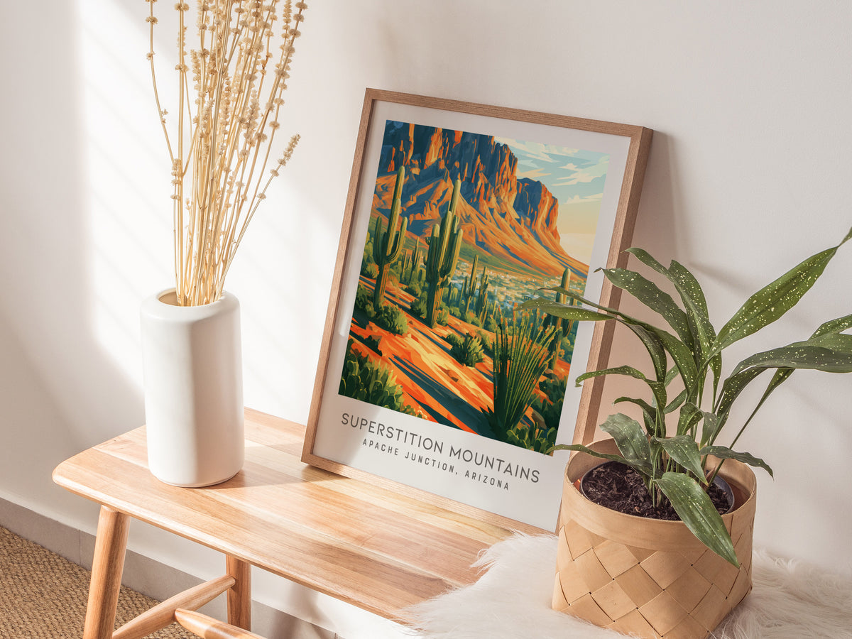 Superstition Mountains Matte Border Poster | Apache Junction, Arizona Travel Wall Art — styled in a modern interior