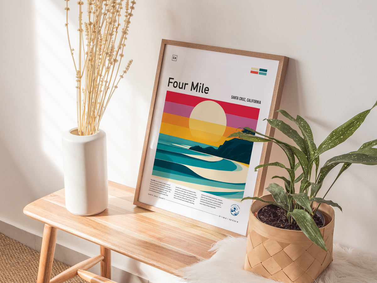 Four Mile, Santa Cruz, California Poster | Surf Wall Art & Beach House Decor — styled in a modern interior