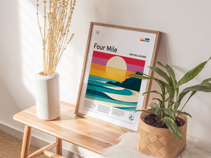 Four Mile, Santa Cruz, California Poster | Surf Wall Art & Beach House Decor — styled in a modern interior