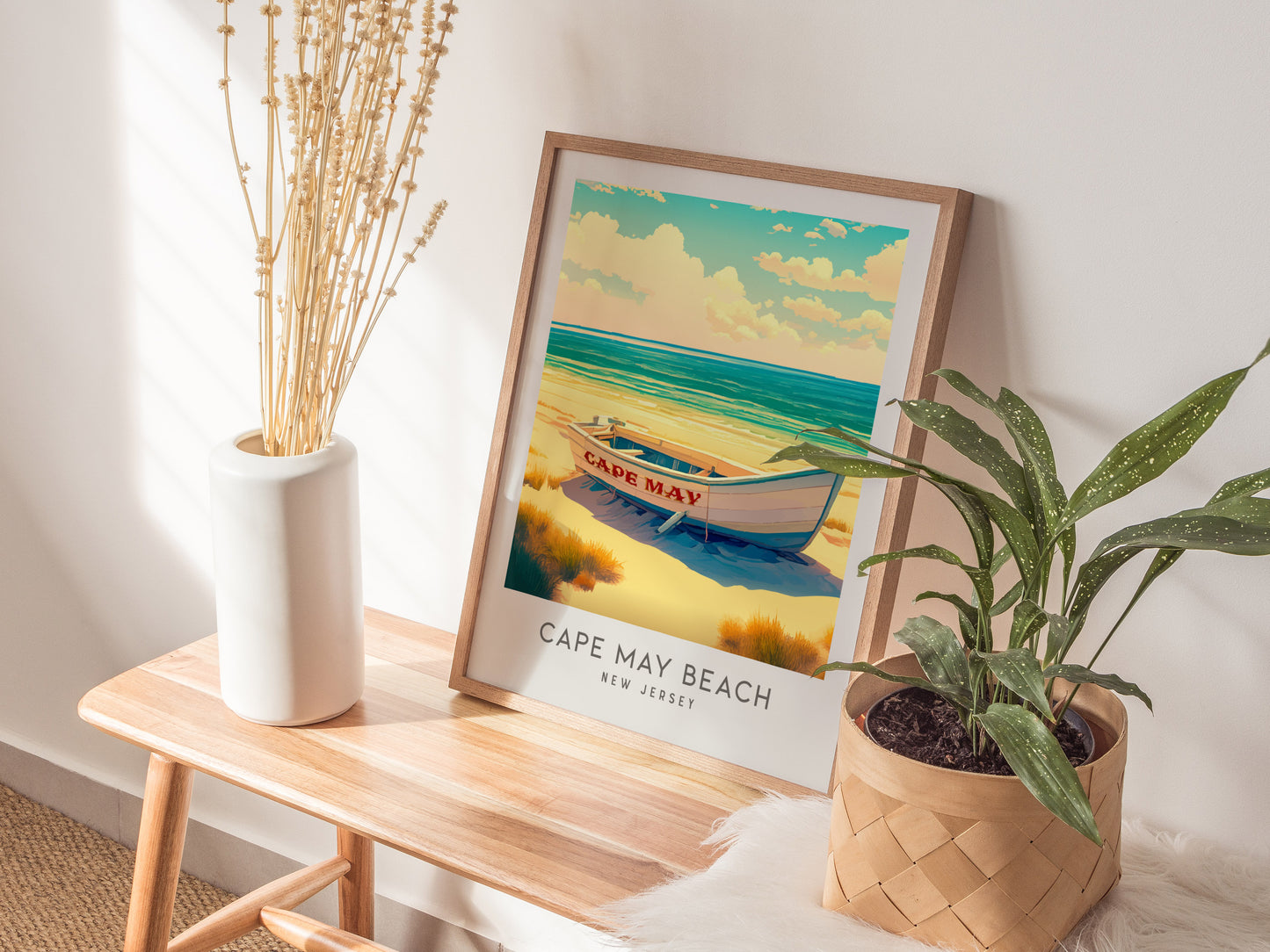 Cape May Beach Matte Border Poster | New Jersey Vacation Wall Art — styled in a modern interior
