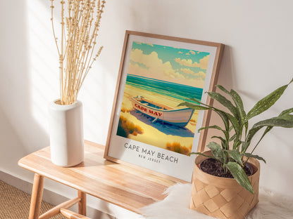 Cape May Beach Matte Border Poster | New Jersey Vacation Wall Art — styled in a modern interior