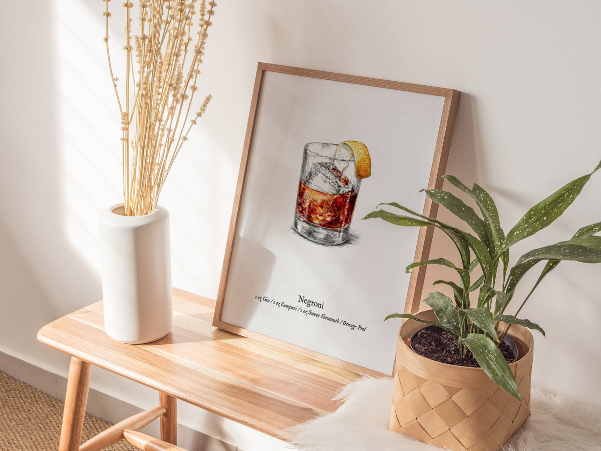 Negroni Poster | Vintage Cocktail Scientific Illustration Wall Art — styled in a modern interior