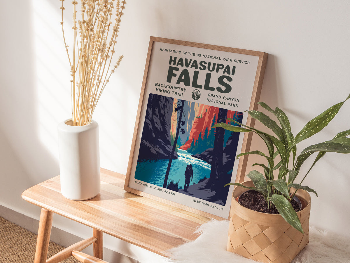 Havasupai Falls, Grand Canyon National Park Poster | Backpacker Gift | Turquoise Canyon Trail Wall Art — styled in a modern i