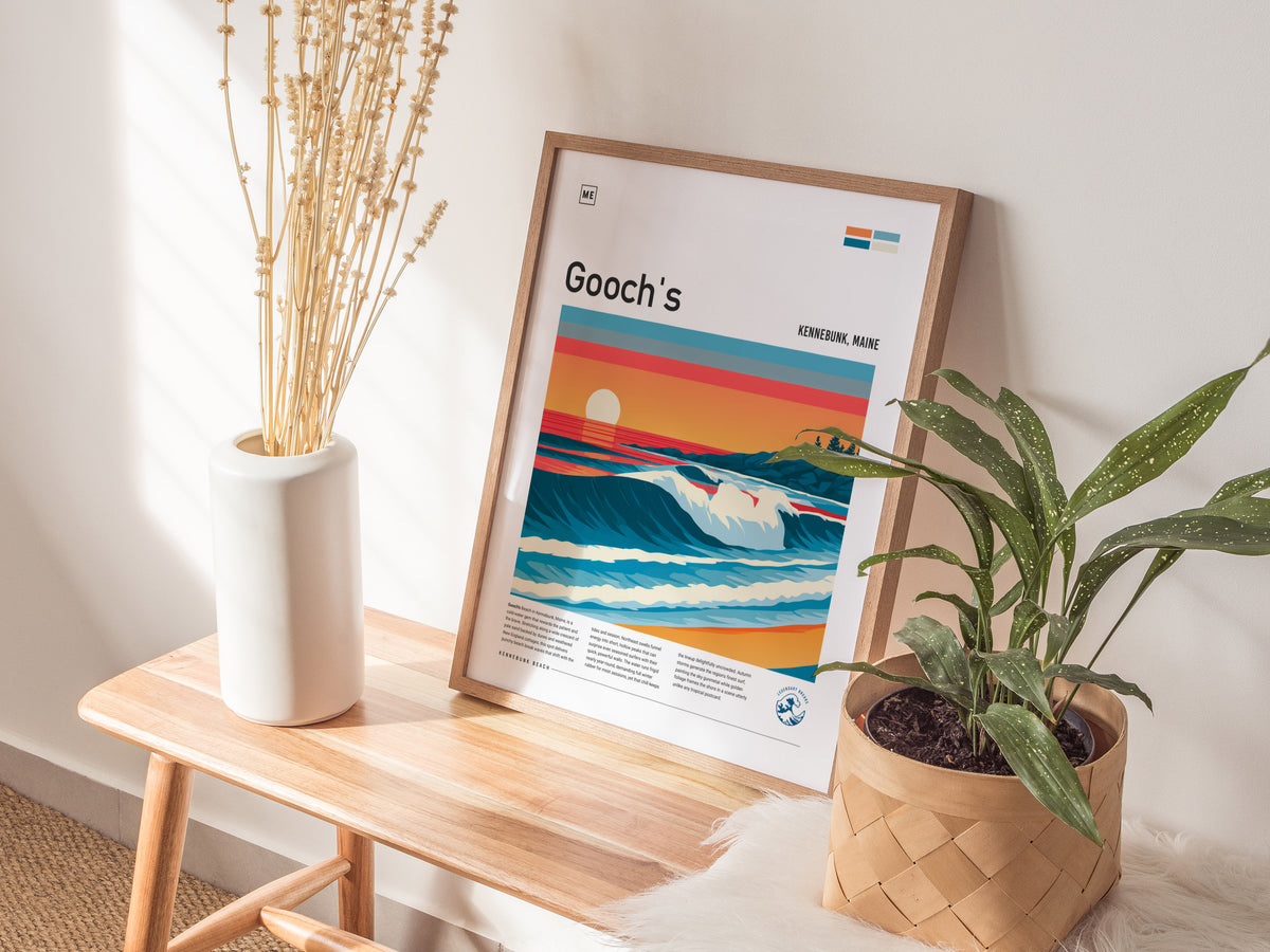 Gooch's Beach, Kennebunk, Maine Poster | Rocky Shore & Rolling Waves Wall Art — styled in a modern interior