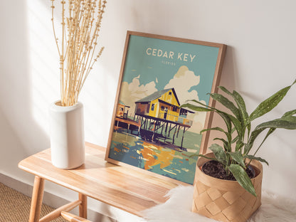 A Cedar Key, Florida poster depicting a stilt house over water is propped against a wall on a wooden bench, next to a white vase with dried flowers and a.