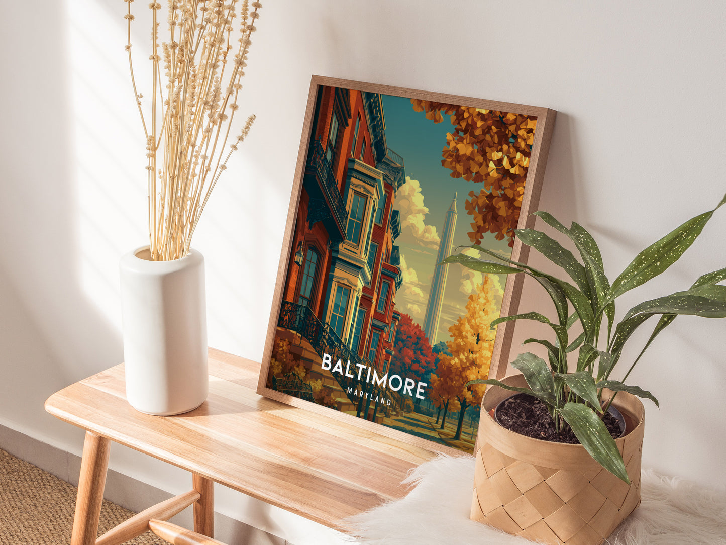 Baltimore, Maryland Poster | Harbor Skyline & Charm City Wall Art — styled in a modern interior