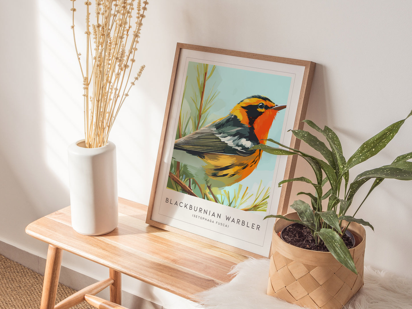 Blackburnian Warbler, Setophaga fusca Poster | Fiery Songbird Nature Print Wall Art — styled in a modern interior