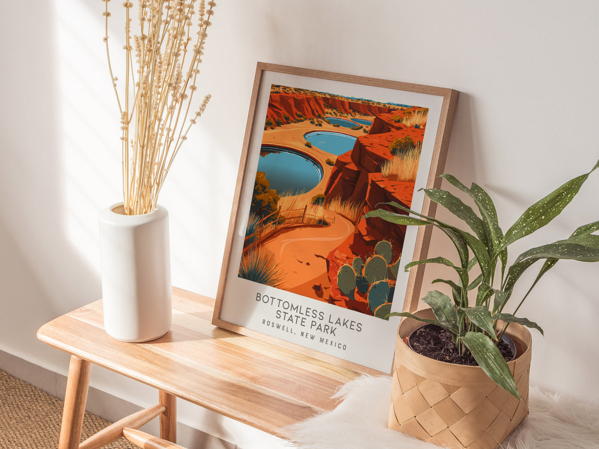 Bottomless Lakes State Park Matte Border Poster | Roswell, New Mexico Travel Wall Art — styled in a modern interior