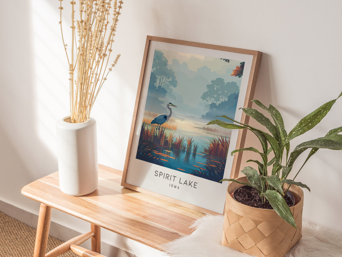 Spirit Lake Matte Border Poster | Iowa Travel Wall Art — styled in a modern interior