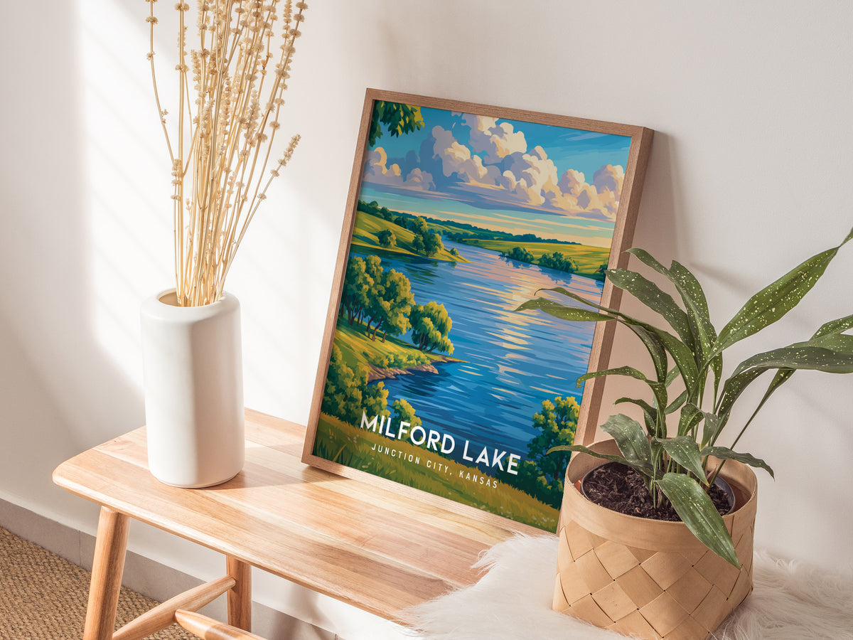 Milford Lake, Junction City, Kansas Poster | Lakeside Serenity Destination Print Wall Art — styled in a modern interior