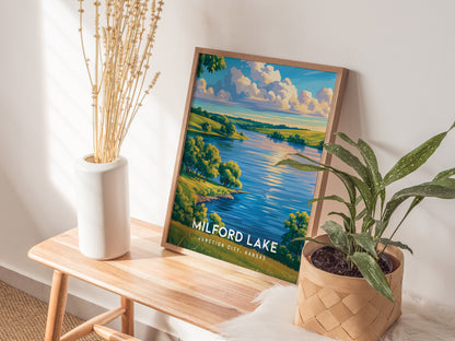 Milford Lake, Junction City, Kansas Poster | Lakeside Serenity Destination Print Wall Art — styled in a modern interior