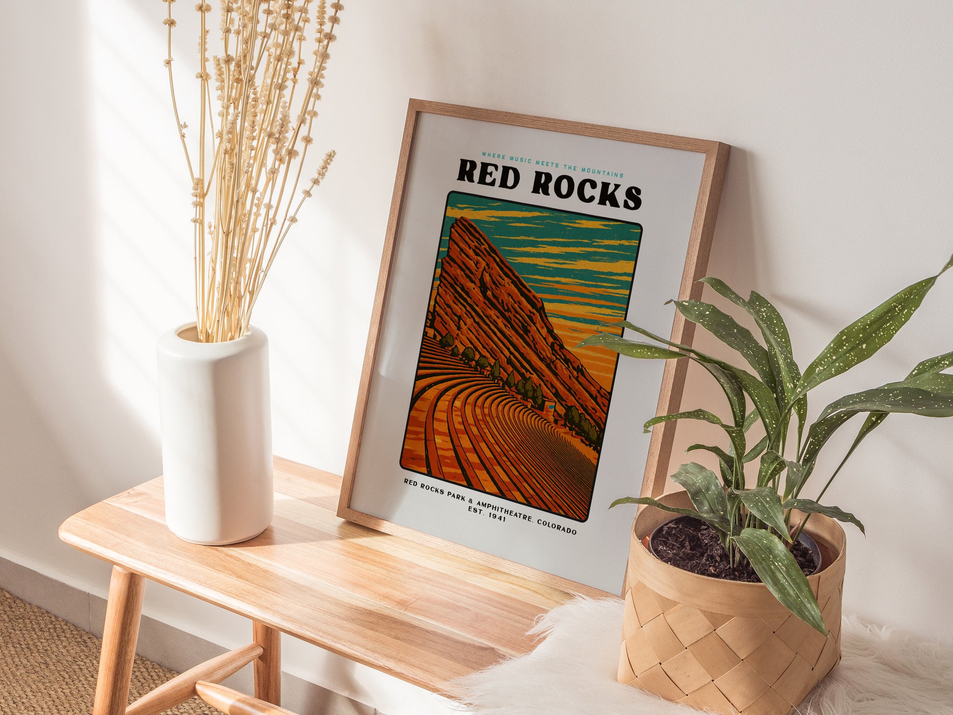 Red Rocks Amphitheatre Poster | Vintage Colorado Block Print Art