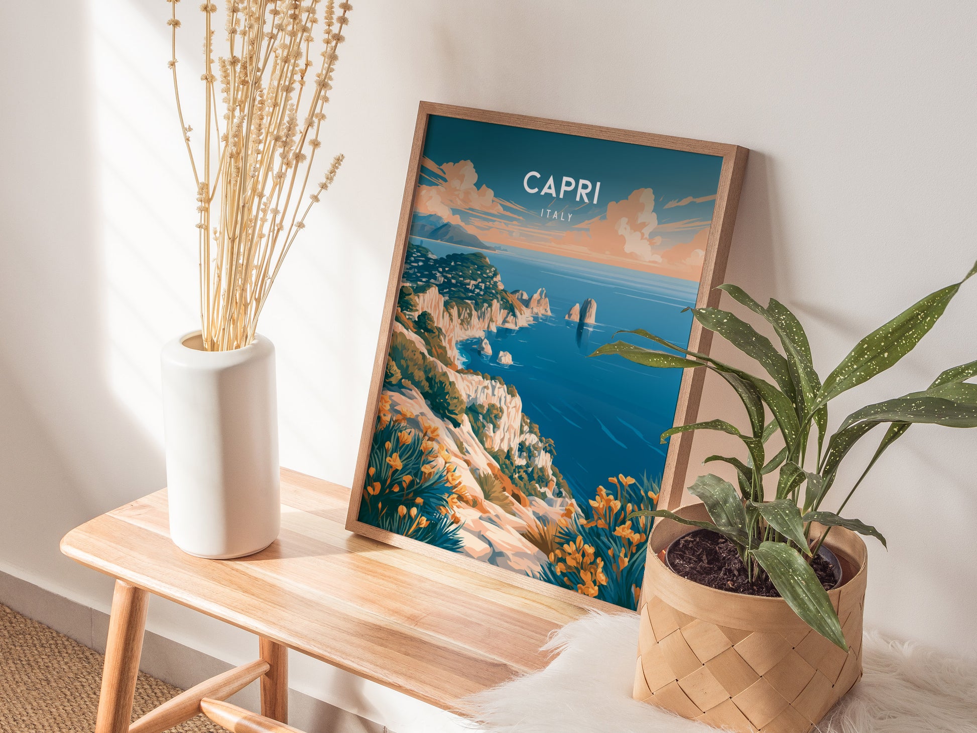 Capri, Italy Poster | Mediterranean Island Coastal Beach Decor Wall Art — styled in a modern interior