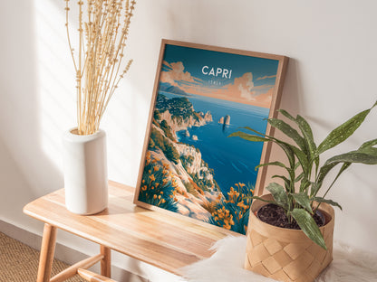 Capri, Italy Poster | Mediterranean Island Coastal Beach Decor Wall Art — styled in a modern interior