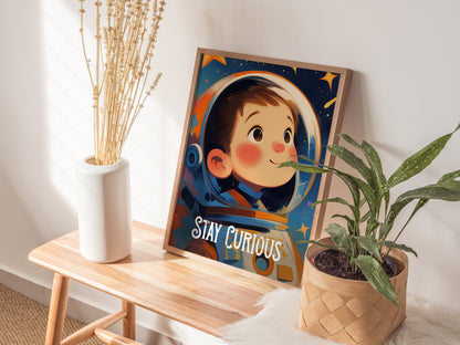 Stay Curious Poster | Astronaut Kids Room Art Space Nursery Gift